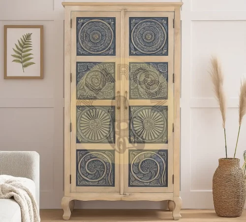 Armario de Madera de Mango Tallado a Mano con Puertas Decoradas y Estilo Rústico – 180x97x46 cm-MOVIL (6)