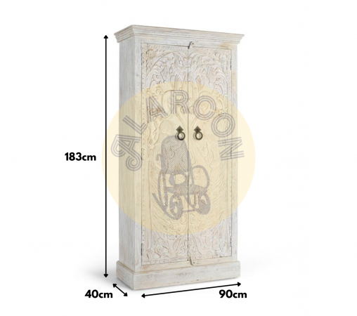 Armario de madera de mango tallado a mano con acabado blanco envejecido – 183x90x40 cm, estilo rústico y elegante-MOVIL (2)