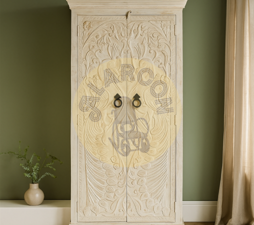 Armario de madera de mango tallado a mano con acabado blanco envejecido – 183x90x40 cm, estilo rústico y elegante-MOVIL (3)