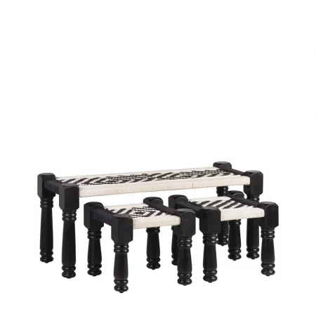 Banqueta + 2 Taburetes Madera Mango Asiento Macramé - Moycor (1)