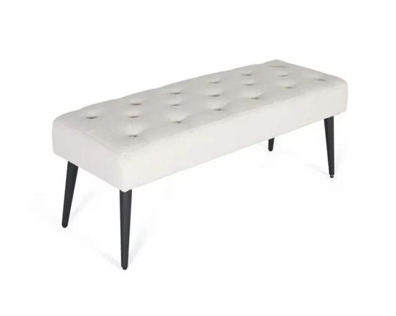 Banqueta tapizada beige con capitoné y patas de hierro negras 115x40x42 cm-MOVIL (4)