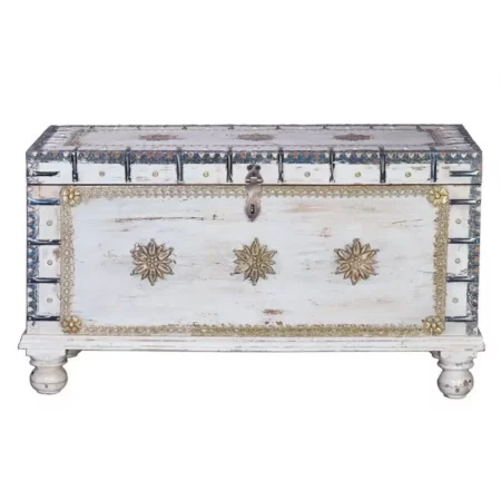 Baúl Estilo Étnico Madera Mango Maciza Decapado Blanco Detalles Bronce 100x40x57 Cm - Giner y Colomer (4)
