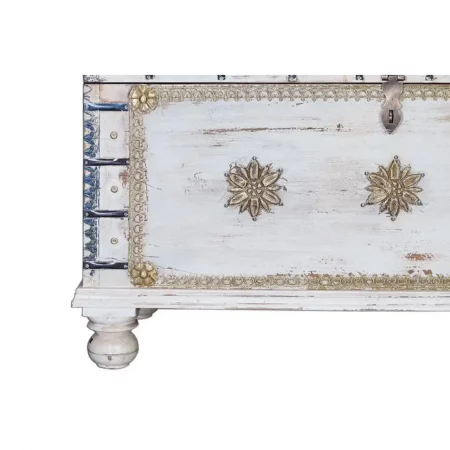 Baúl Estilo Étnico Madera Mango Maciza Decapado Blanco Detalles Bronce 100x40x57 Cm - Giner y Colomer (5)