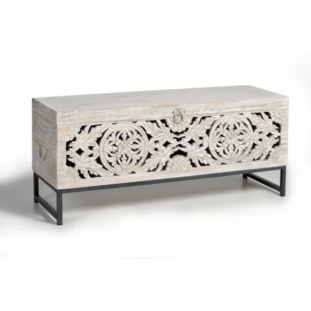 Baúl Madera Mango Calado Decapado Blanco Patas Metal Colección Mykonos 116x40x50 Cm - Giner y Colomer (2)