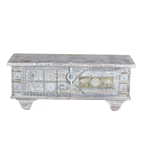 Baúl Madera Mango Maciza Blanco Decapado Detalles Bronce 116x40x46 Cm - Giner y Colomer (1)