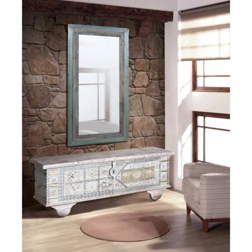 Baúl Madera Mango Maciza Blanco Decapado Detalles Bronce 116x40x46 Cm - Giner y Colomer (3)