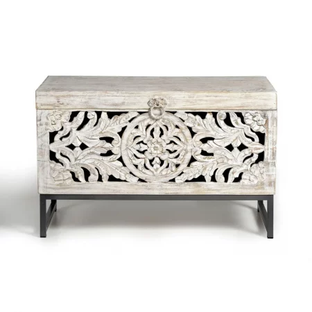 Baúl Madera Mango Maciza Calado Blanco Decapado Patas Metal Colección Mykonos 80x40x50 Cm - Giner y Colomer (4)