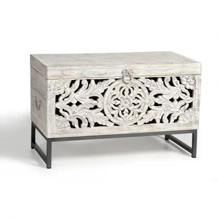 Baúl Madera Mango Maciza Calado Blanco Decapado Patas Metal Colección Mykonos 80x40x50 Cm - Giner y Colomer (5)