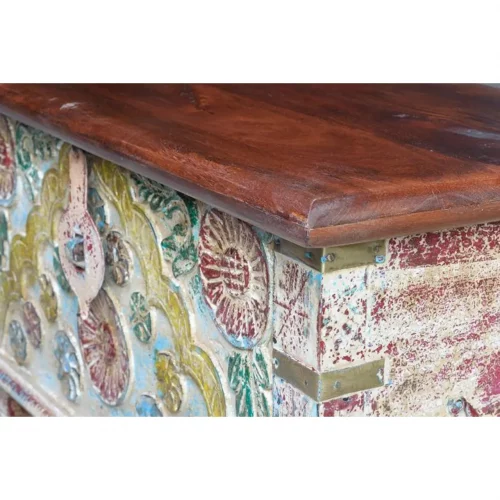 Baúl Madera Mango Maciza Tallado a Mano Multicolor Estilo Étnico 80x40x45 Cm - Giner y Colomer (2)