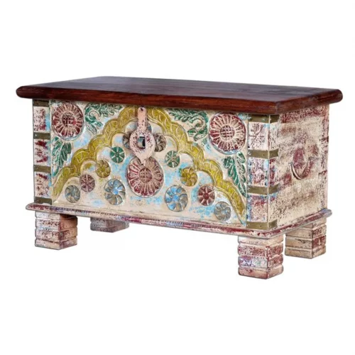 Baúl Madera Mango Maciza Tallado a Mano Multicolor Estilo Étnico 80x40x45 Cm - Giner y Colomer (3)