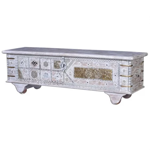 Baúl Madera Mango Macizo Decapado Blanco Detalles Bronce 146x40x45 Cm - Giner y Colomer (6)