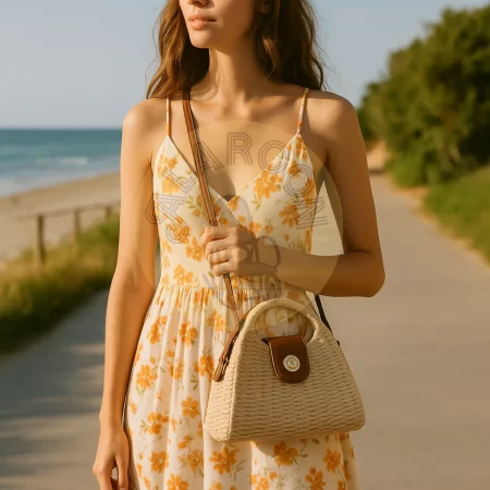 Bolso de mimbre estilo vintage con correa de cuero ajustable y cierre giratorio 30x10x20 - Ideal para verano y outfits boho (3)