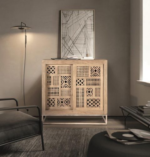 CONSOLA 2 PUERTAS CORREDERAS EN MADERA DE MANGO Y BASE DE METAL, CON ESTANTE INTERIOR GINER Y COLOMER