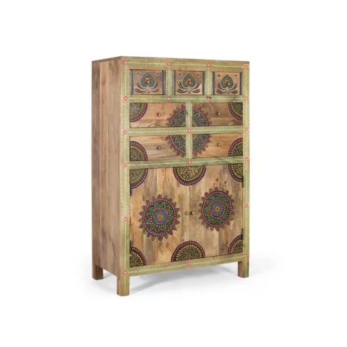 Cajonera Alta con 7 Cajones y 2 Puertas Madera de Mango Maciza 80x40x122 Cm - Giner y Colomer (1)