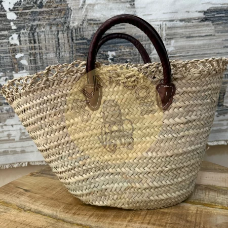 Capazo de palma artesanal con asas cortas de cuero 53x20x34 cm (1)