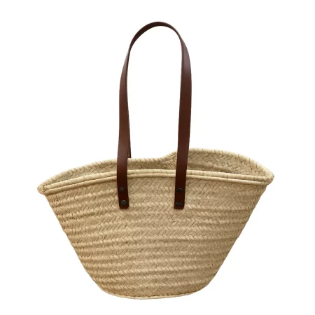 Capazo de palma artesanal con asas de cuero y cerrado con cremallera 53x16x29 cm (4)