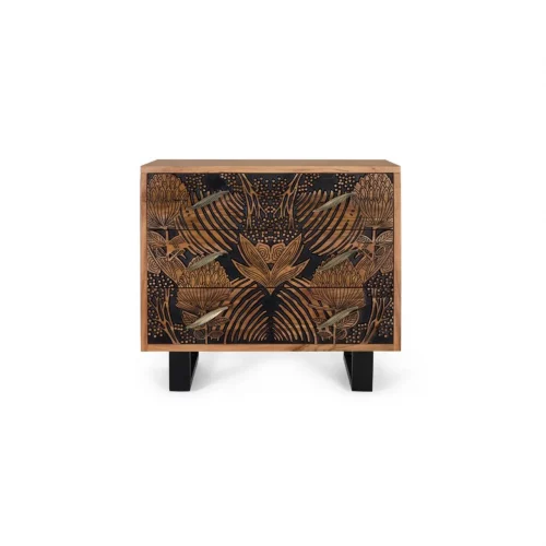 Cómoda 3 Cajones Madera Acacia Tallada Maciza Patas Metal Colección Tropicana 93x40x83 Cm - Giner y Colomer (1)