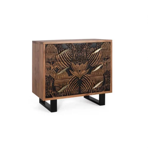 Cómoda 3 Cajones Madera Acacia Tallada Maciza Patas Metal Colección Tropicana 93x40x83 Cm - Giner y Colomer (2)