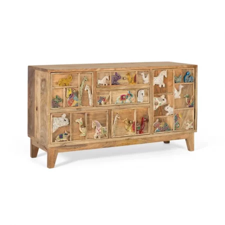 Cómoda Étnica Ancha de Madera de Mango con Detalles a Mano 5 Cajones 1 Puerta - Giner y Colomer (1)
