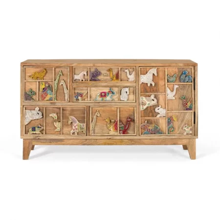 Cómoda Étnica Ancha de Madera de Mango con Detalles a Mano 5 Cajones 1 Puerta - Giner y Colomer (2)