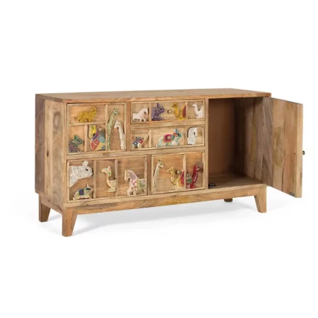 Cómoda Étnica Ancha de Madera de Mango con Detalles a Mano 5 Cajones 1 Puerta - Giner y Colomer (3)