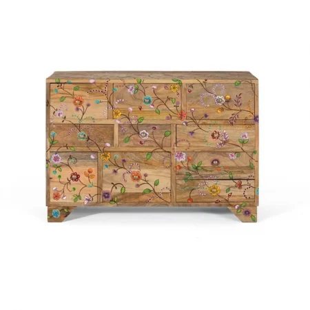Cómoda Étnica de Madera de Mango con Detalles Floreados con 10 Cajones - Giner y Colomer (1)