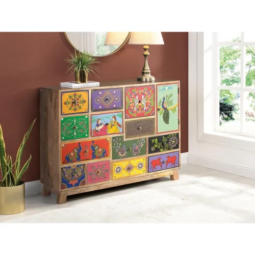 Cómoda Madera Mango 13 Cajones + 1 Puerta Pintada a Mano 112x35x90 Cm - Giner y Colomer (2)