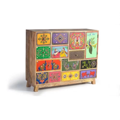 Cómoda Madera Mango 13 Cajones + 1 Puerta Pintada a Mano 112x35x90 Cm - Giner y Colomer (7)
