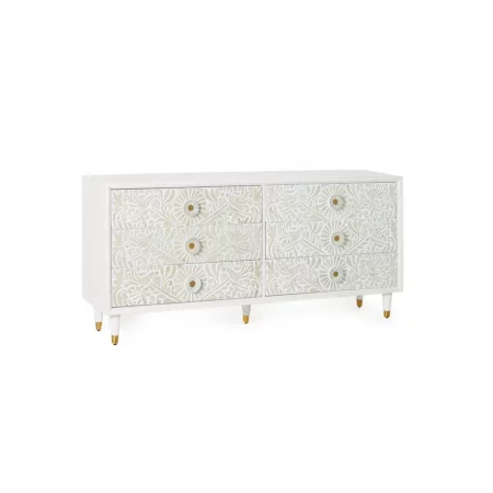 Cómoda Madera Mango 6 Cajones Tallados Color Blanco Decapado Colección Bali 170x40x80 Cm - Giner y Colomer (4)