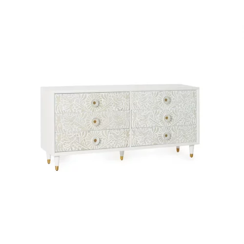 Cómoda Madera Mango 6 Cajones Tallados Color Blanco Decapado Colección Bali 170x40x80 Cm - Giner y Colomer (4)