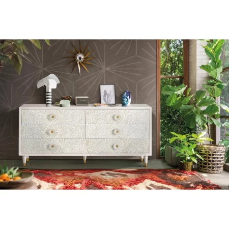 Cómoda Madera Mango 6 Cajones Tallados Color Blanco Decapado Colección Bali 170x40x80 Cm - Giner y Colomer (5)