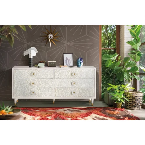 Cómoda Madera Mango 6 Cajones Tallados Color Blanco Decapado Colección Bali 170x40x80 Cm - Giner y Colomer (5)