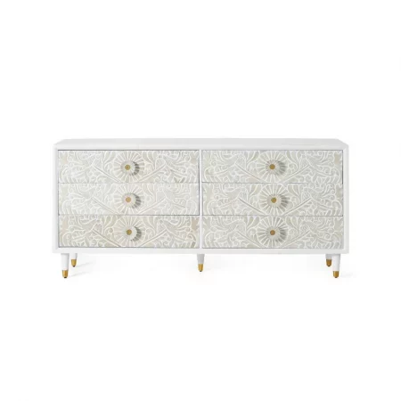 Cómoda Madera Mango 6 Cajones Tallados Color Blanco Decapado Colección Bali 170x40x80 Cm - Giner y Colomer (6)