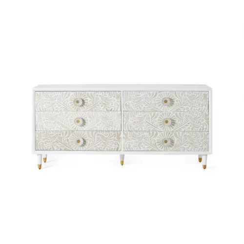 Cómoda Madera Mango 6 Cajones Tallados Color Blanco Decapado Colección Bali 170x40x80 Cm - Giner y Colomer (6)