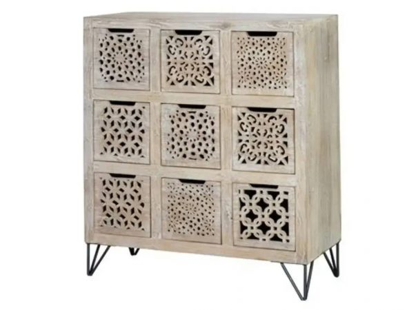 Cómoda Madera Mango 9 Cajones Decapado Natural Patas Metal 88x38x102 Cm - Giner y Colomer (4)