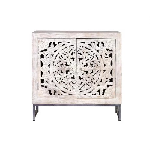 Cómoda Madera Mango Calado Decapado Blanco Base Metal 2 Puertas Colección Mykonos 80x35x80 Cm - Giner y Colomer (1)