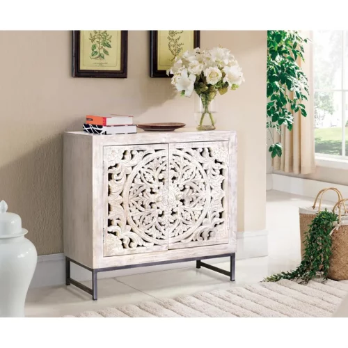 Cómoda Madera Mango Calado Decapado Blanco Base Metal 2 Puertas Colección Mykonos 80x35x80 Cm - Giner y Colomer (5)