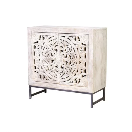 Cómoda Madera Mango Calado Decapado Blanco Base Metal 2 Puertas Colección Mykonos 80x35x80 Cm - Giner y Colomer (6)