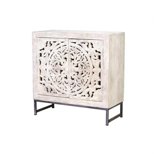 Cómoda Madera Mango Calado Decapado Blanco Base Metal 2 Puertas Colección Mykonos 80x35x80 Cm - Giner y Colomer (6)