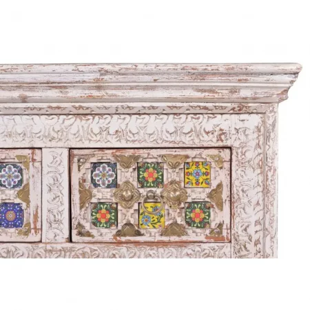 Cómoda Madera Mango Decapada Blanco 2+2 Cajones Detalles Azulejo y Bronce Colección Bakhra 90x40x90 Cm - Giner y Colomer (1)