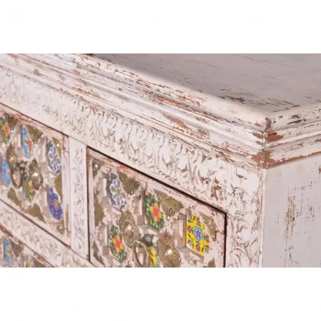 Cómoda Madera Mango Decapada Blanco 2+2 Cajones Detalles Azulejo y Bronce Colección Bakhra 90x40x90 Cm - Giner y Colomer (3)