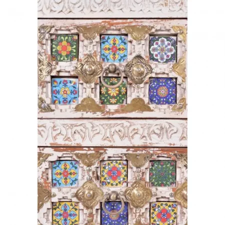 Cómoda Madera Mango Decapada Blanco 2+2 Cajones Detalles Azulejo y Bronce Colección Bakhra 90x40x90 Cm - Giner y Colomer (4)