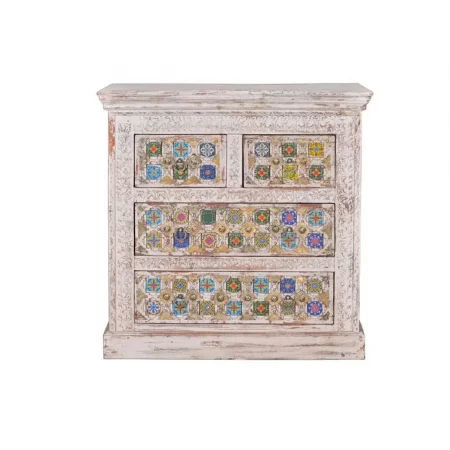 Cómoda Madera Mango Decapada Blanco 2+2 Cajones Detalles Azulejo y Bronce Colección Bakhra 90x40x90 Cm - Giner y Colomer (5)