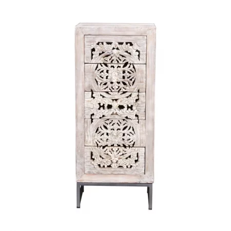Cómoda Madera Mango Puerta Calada Decapado Blanco 5 Cajones Base Metal Colección Mykonos 45x35x105 Cm - Giner y Colomer (1)