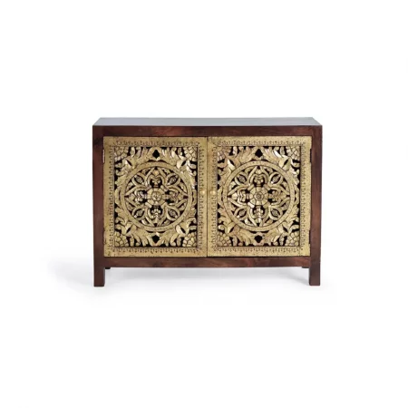 Cómoda Madera Mango Tallada a mano 2 Puertas Pan de Oro 110x40x80 Cm- Giner y Colomer (1)