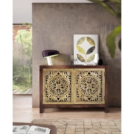 Cómoda Madera Mango Tallada a mano 2 Puertas Pan de Oro 110x40x80 Cm- Giner y Colomer (6)