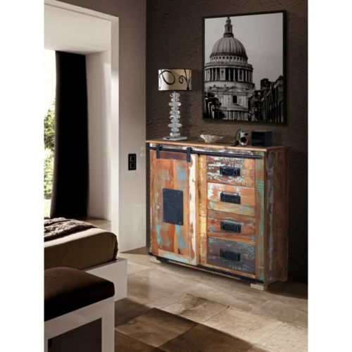Cómoda Madera Reciclada 4 Cajones + 1 Puerta Corredera 80x38x81 Cm - Giner y Colomer (1)