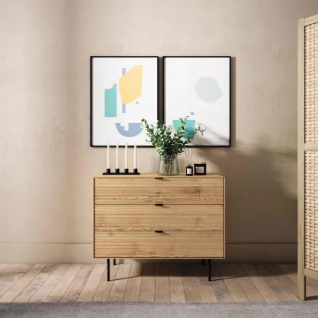 Cómoda Tulsa de Chapa Roble 3 Cajones y Patas Metal - Somcasa (6)