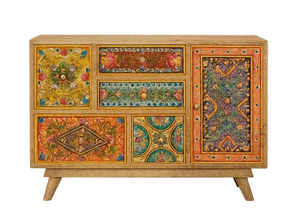 Cómoda artesanal de madera de mango con cajones pintados a mano – 81x33x55 cm-PC (1)