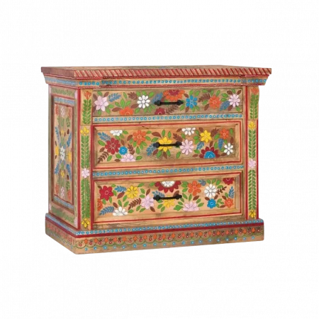 Cómoda de Madera de Mango 3 Cajones Pintado Artesanal Floreado - Giner y Colomer (1)